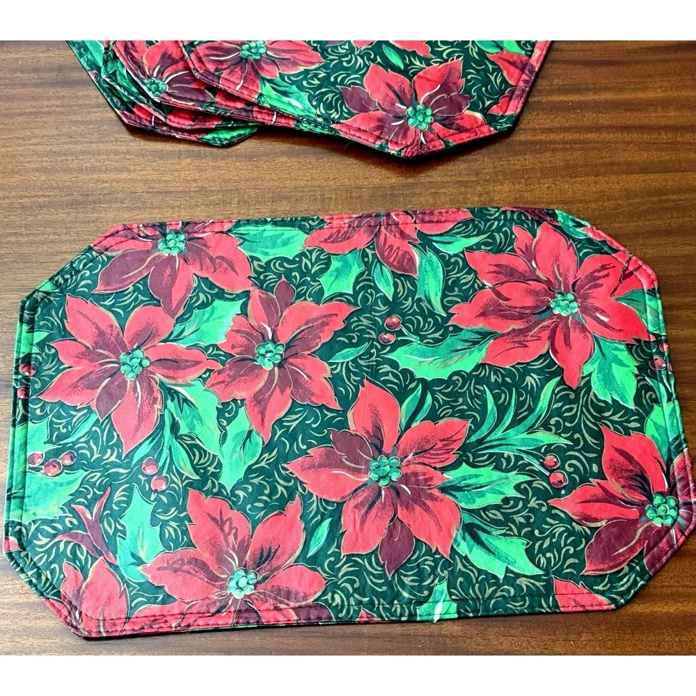 Vintage Christmas Poinsettia Placemats Set of 5 Vinyl Granny Cottagecore Holiday